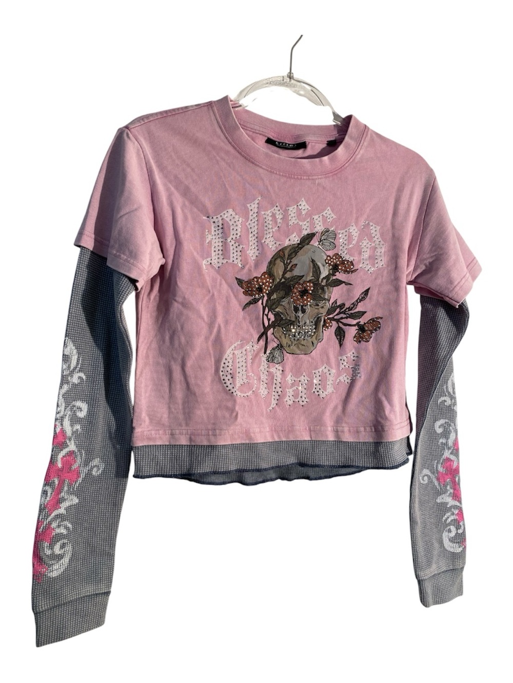 Kreamy skull Pink & Gray Layered Long Sleeve Tee sz M
